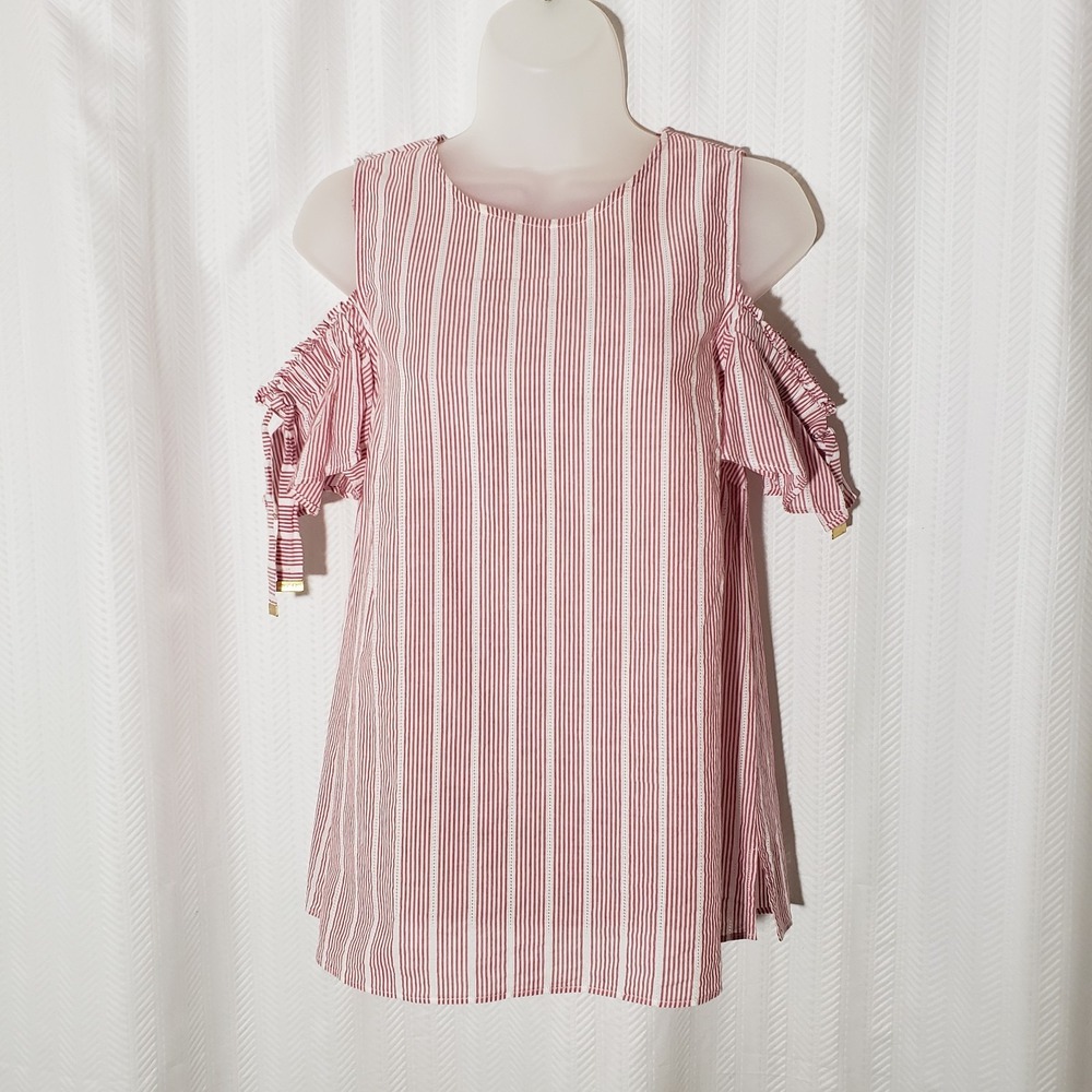 Michael Kors Women's Cold Shoulder Top Red, White Stripes Flutter Sleeves Size S